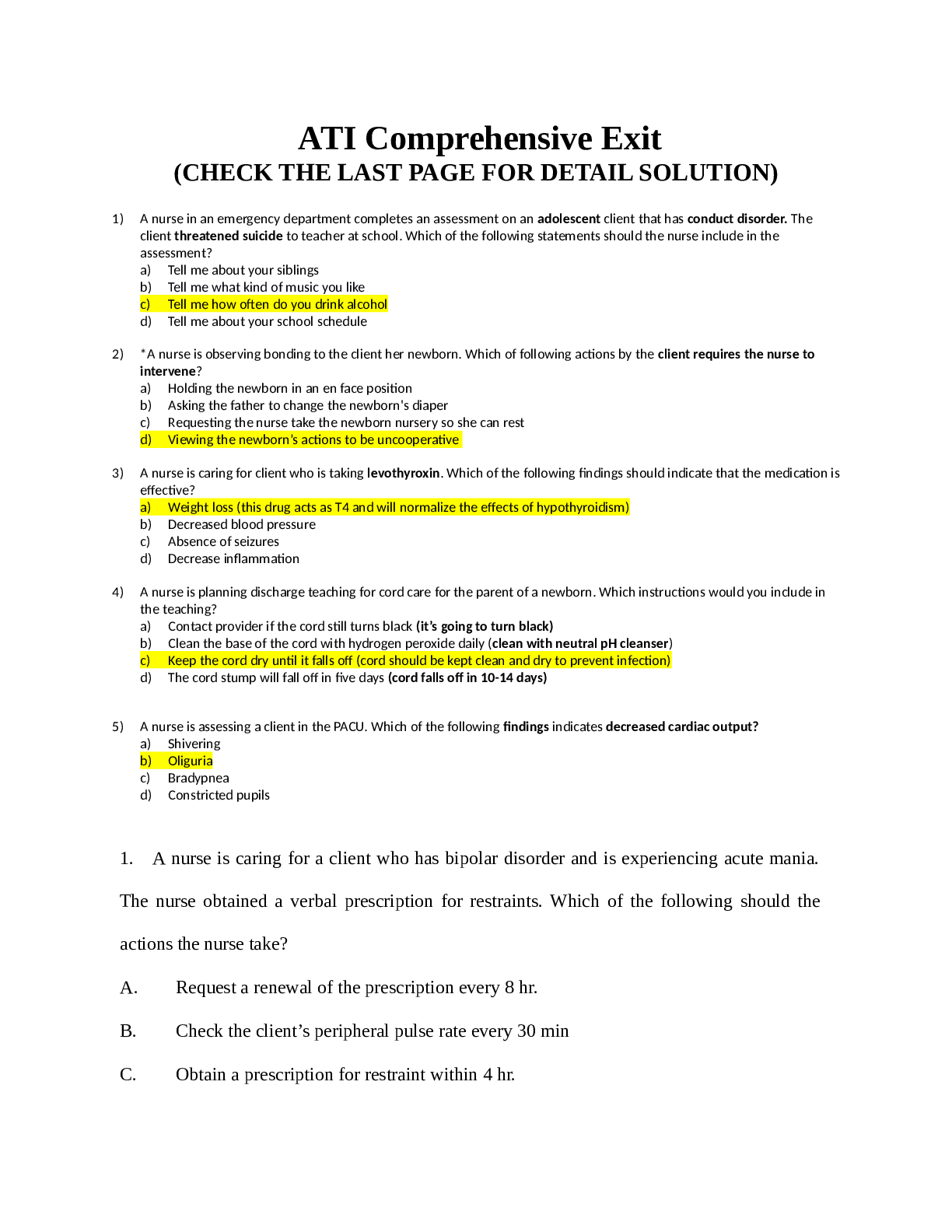 Preview image for ATI Comprehensive Exit Questions and Answers (LATEST)